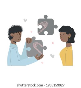 Couple is building a relationship, falling in love. Concept vector illustration with puzzles, hearts