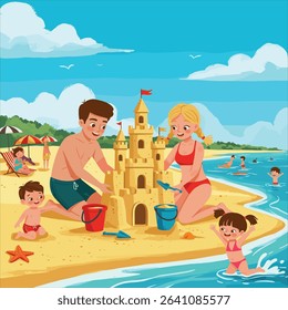 Couple building sandcastle together, kids at the beach, sunny weather, creative beach activity, cartoon flat style