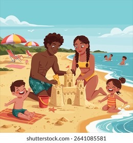 Couple building sandcastle together, kids at the beach, sunny weather, creative beach activity, cartoon flat style