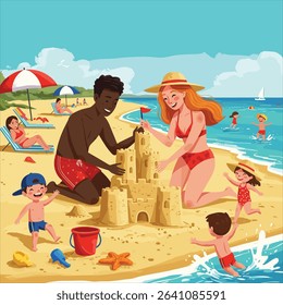 Couple building sandcastle together, kids at the beach, sunny weather, creative beach activity, cartoon flat style