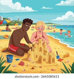 Couple building sandcastle together, kids at the beach, sunny weather, creative beach activity, cartoon flat style