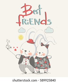 couple of bunnies making selfie.Hand drawn vector illustration.Can be used for kids or babies shirt design, fashion print design, t-shirt, kids wear, baby gift card,celebration card, greeting card