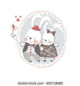  couple of bunnies making selfie.Hand drawn vector illustration.Can be used for kid's or baby's shirt design, fashion print design, t-shirt, kids wear, baby gift card,celebration card, greeting card