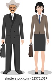 Couple of business american man and woman standing together on white background in flat style. Business USA team and teamwork concept. Flat design people characters. Vector illustration.