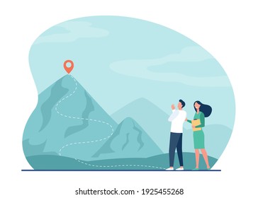 Couple of business colleagues on start of mountain climbing. Itinerary, route on top, trekking. Flat vector illustration. Challenge, goal concept for banner, website design or landing web page