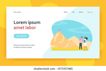 Couple of business colleagues on start of mountain climbing. Itinerary, route on top, trekking. Flat vector illustration. Challenge, goal concept for banner, website design or landing web page