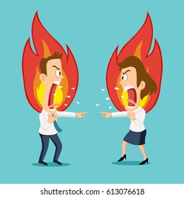 Couple business man and woman on fire pointing finger and yelling, vector illustration cartoon