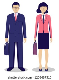 Couple of business man and woman standing together on white background in flat style. Business team and teamwork concept. Flat design people characters. Vector illustration.