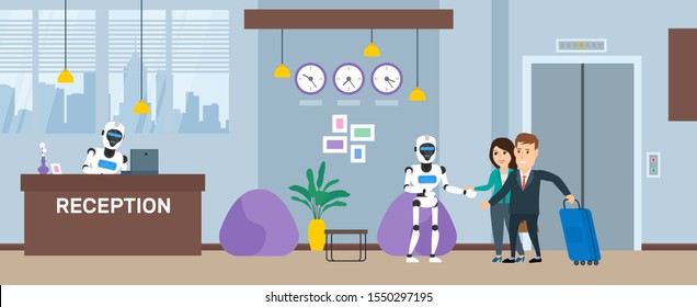 couple of business people man and woman near reception desk and robot humanoid receptionist modern technology concept