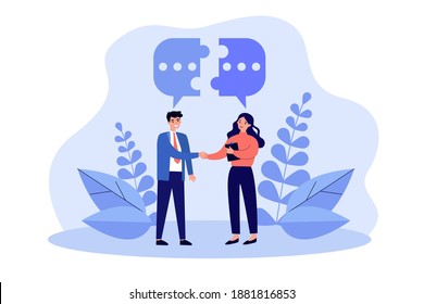 Couple of business people meeting, shaking hands and talking. Speech bubble, connecting halves of puzzle above them. Vector illustration for dialogue, cooperation teamwork concepts