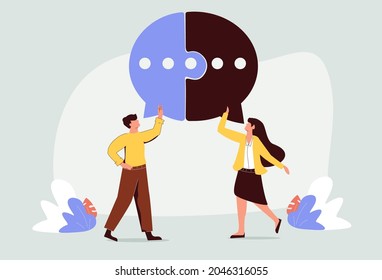 Couple of business people meeting, shaking hands and talking. Speech bubble, connecting halves of puzzle above them. Vector illustration for dialogue, cooperation teamwork concepts. People chatting