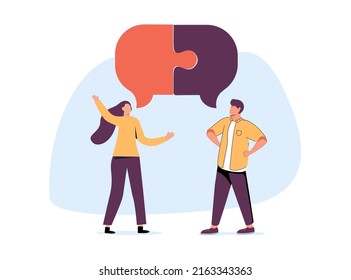 Couple of business people meeting, shaking hands and talking. Speech bubble, connecting halves of puzzle above them. Vector illustration for dialogue, cooperation teamwork concepts. Dialogue, discuss