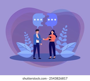 Couple of business people meeting, shaking hands and talking. Speech bubble, connecting halves of puzzle above them. Vector illustration for dialogue, cooperation teamwork concepts