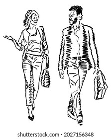 Couple of business people or scientists walking together. Businesswoman and businessman with briefcases talking on the go. Hand drawing on the subject of dialog, discussion or problem solving.