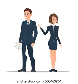Couple business people in business suits is standing in the office. Successful team. Illustration isolated on white background in flat style