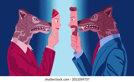 Couple of business people in which woman and man, facing each other, hide mutual hostility behind a mask of kindness
