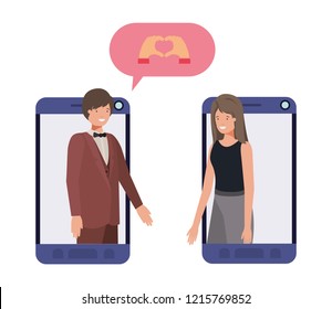 couple of business in smartphone with speech bubble