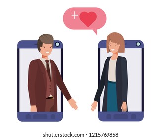 couple of business in smartphone with speech bubble
