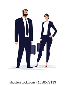 A couple in business suits are standing with briefcases. Man and woman clip art in a flat minimalistic design. Portraits of successful workers. Stock vector illustration isolated on a white background