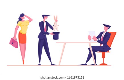 Couple of Businessman and Businesswoman Using Top Cylinder and Rabbit to Demonstrate Business Skills to Investor or Bank Employee to Get Investment. Stunt with Bunny. Cartoon Flat Vector Illustration