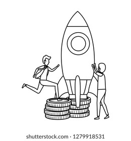 couple of businessmen with coins and rocket