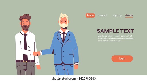 couple businessmen handshaking business partners hand shake during meeting agreement partnership concept male colleagues in formal wear standing together flat portrait copy space horizontal