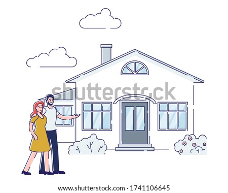 Couple buy house. Real estate mortgage concept. Cartoon man and woman standing outside new home. Young family rent or bought dream house. Linear vector illustration