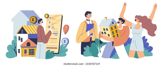 Couple buying apartment from agent or owner. Isolated real estate broker, mortgage and financial payment for house. Happy wife and husband with ownership, loan and relocation. Vector in flat style