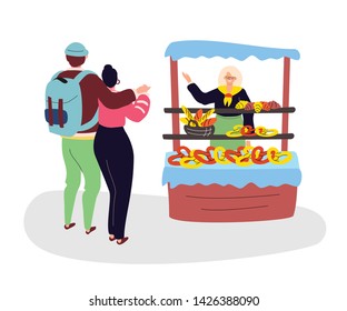 Couple buying bread - colorful flat design style illustration on white background. A composition with a boy and a girl hugging, stopping at a bakery shop. Street food, city life concepts