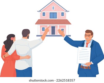 Couple buying house from real estate agent. Mortgage concept isolated on white background