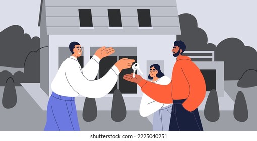 Couple buying house, receiving keys from new home. Real estate, realty agent selling property to happy people buyers. Seller realtor and family clients communication, deal. Flat vector illustration