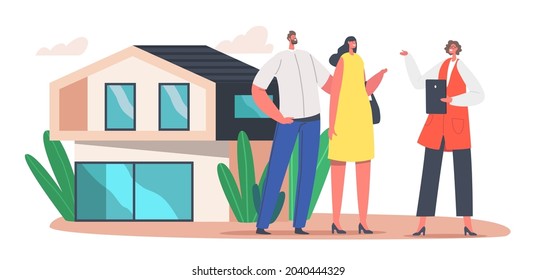 Una Pareja Comprando Una Cabaña Suburbana De Lujo. Vender la casa de un realtor a los clientes. Personaje de gerente hace trato con el propietario de la casa, hipoteca, alquiler de casa o concepto de compra. Ilustración de vectores de personas de caricatura