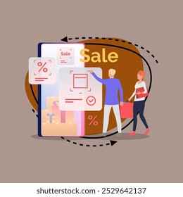 Couple buying presents online vector illustration. Man using smartphone for purchasing in internet store, woman carrying shopping bags. Shopping, sale, technology, holiday concept for banner design