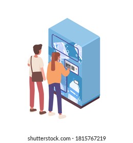 Couple buying water in automatic vending machine vector isometric illustration. Male and female paying for refreshing beverage at public apparatus isolated. Girl and boy use self service technology