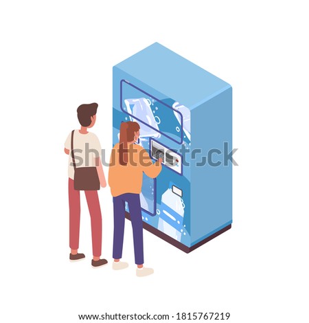 Couple buying water in automatic vending machine vector isometric illustration. Male and female paying for refreshing beverage at public apparatus isolated. Girl and boy use self service technology