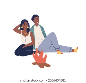 Couple by fire. Man and woman sitting near bonfire, romantic hike in nature, active weekend outdoors together, adventure tourism. Vector cartoon flat style isolated concept