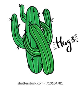 Couple of cactus with message Hugs. Modern fashion background