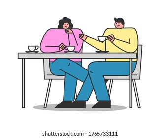 Couple in cafe. Cartoon characters sitting at table, drinking tea or coffee and talking. Friends meeting or date. Man and woman communication concept. Flat vector illustration
