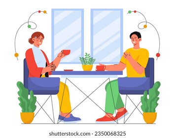 Couple in cafe concept. Man and woman sit at table and drink coffee or tea. Young guy and girl on romantic date. Friends, students and colleagues communicate. Cartoon flat vector illustration