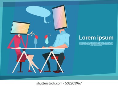Couple In Cafe Date Cell Smart Phone Head Social Network Communication Flat Vector Illustration