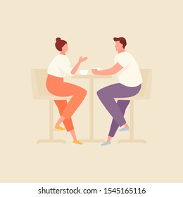 Couple in cafe drinking coffee and talking. Vector flat illustration