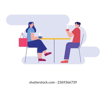 Couple at cafe drinking hot coffee while talking, leisure time activity at work with your partner. Character design. Vector flat illustration