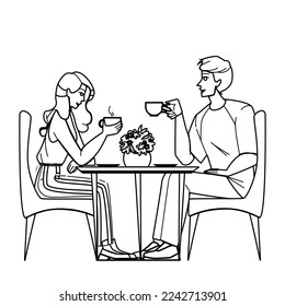 vector de dibujo de lápiz de línea de café par. mujer hombre café, amor mujer, estilo de vida sentada, restaurante de citas, romántico adulto, romance feliz pareja personaje de café. Ilustración de personas