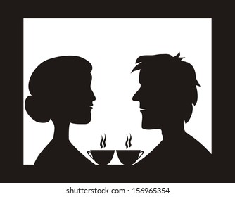 Couple in cafe, vector icon, black silhouette