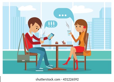 Couple In Cafe - Vector Illustration With City Landscape On Window. People Sitting At Table At Lunch Talk By Phone And Use Smartphone Drinking Coffee.