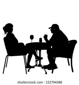 Couple in cafes. Silhouettes of people in urban life, vector illustration