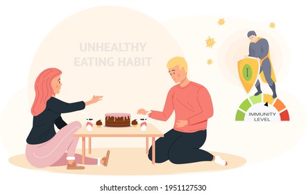 Una pareja con pastel y refrescos en la mesa. Las personas con un bajo nivel de inmunidad comen alimentos grasos de alto calorías