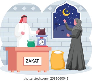 Couple calculating their Zakat Money together concept, Sharing Blessings in Night of Charity vector icon design, Ramadan and Eid al-Fitr Banner, Muslim fasting month scene Arabic holidays illustration