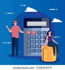couple with calculator and pile coins vector illustration design