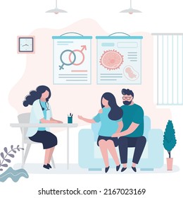 Couple came for consultation with embryologist. Infertility treatment in clinic. Specialist assigns woman tests for artificial insemination. Doctor advises family about IVF. Flat vector illustration